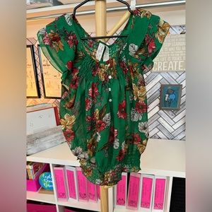 Midnight Sky Green and Floral Ruffle Crop Top Short Sleeve Shirt